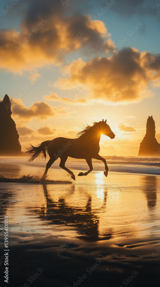 A silhouetted horse gallops freely along a wet sandy beach at sunset, with the ocean waves reflecting the warm hues of the sky.