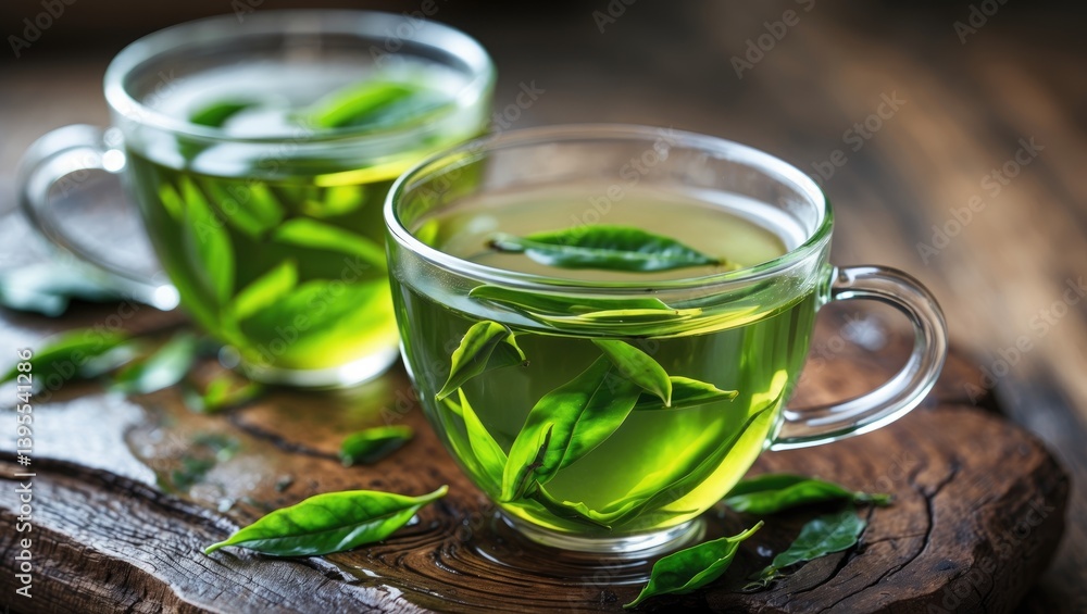 Tea leaves in water creating fresh green tea Tea leaves in water creating fresh green tea