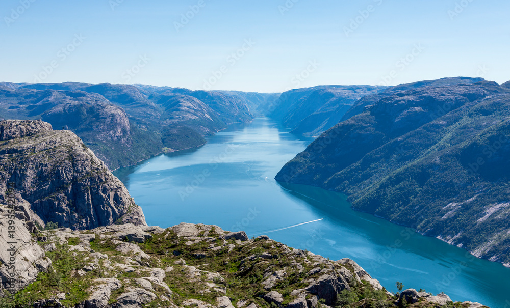 Scenic View of Lysefjord Fjord Stretched Between Mountain Peaks From Pulpit Rock, Stavanger, Norway, July 2018