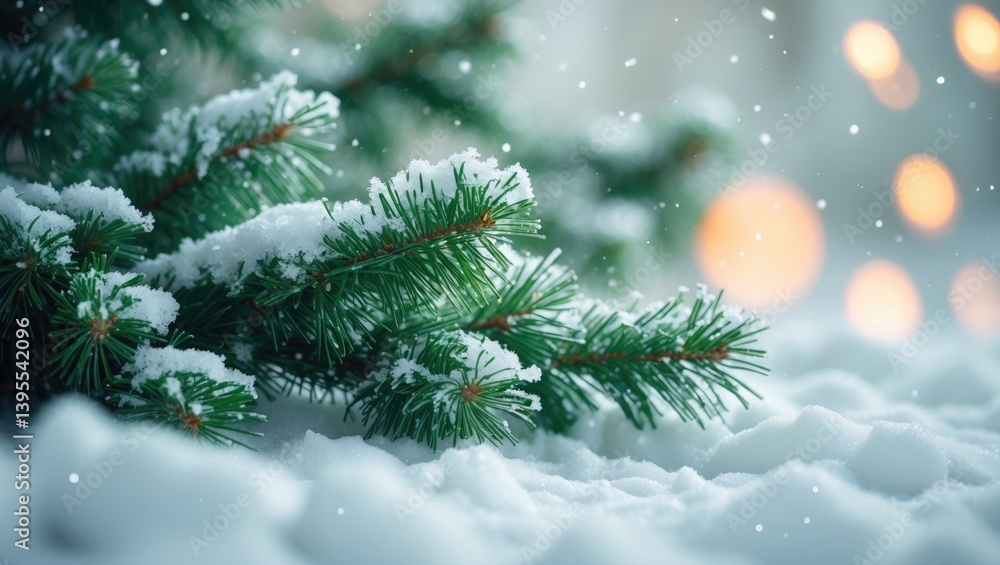 Snow-covered landscape with a fluffy green fir branch. Wallpaper theme. Copy area Snow-covered landscape with a fluffy green fir branch. Wallpaper theme. Copy area