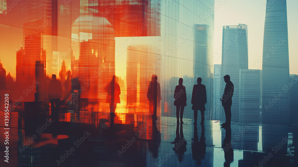 Business Professionals in Office Building with Cityscape, Silhouette Double Exposure, Collaborative Corporate Environment Business Professionals in Office Building with Cityscape, Silhouette Double Exposure, Collaborative Corporate Environment