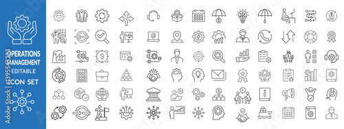 Operations management web icons in line style. Logistics, business process, maintenance, supply chain, improvement, planning, Audit, processing, operation collection.