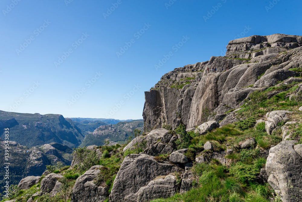 Dramatic Cliffside Landscape with Hikers and Serene Valley View Near Pulpit Rock, Stavanger, Norway, July 2018