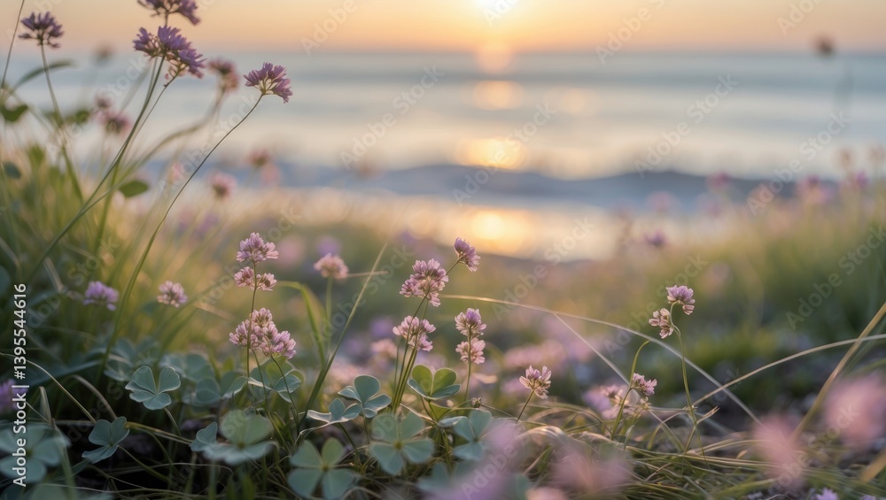 Fototapeta premium Clover and grass blooms shining under the sun beside the sea