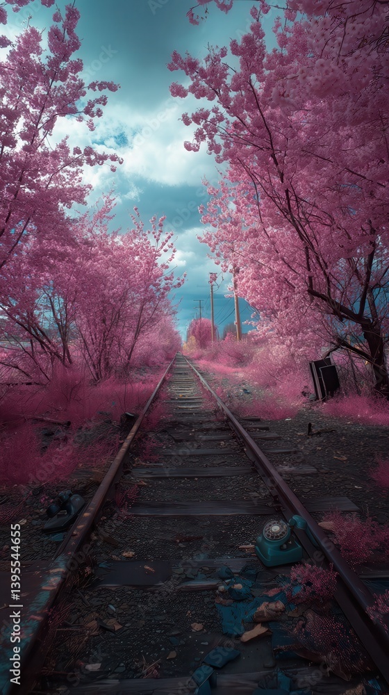 Naklejka premium Surreal photography, dreamy and ethereal atmosphere, cherry blossom-covered railway tracks winding through an abandoned landscape, delicate blue petals gracefully falling from.