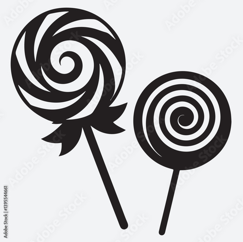 hand drawn style peppermint swirls and lollipop silhouette vector art illustration, colorful lollipop isolated on white