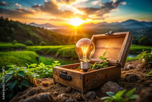 Inspirational Landscape: Light Bulb in a Rustic Wooden Box, Creative Thinking Concept