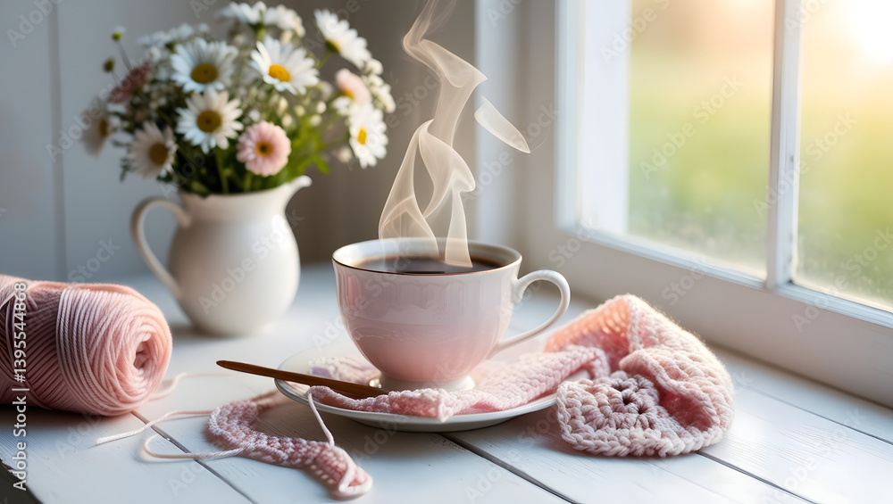 A serene morning scene featuring a delicate, rose-tinted steaming cup of hot coffee sitting atop a rustic white wooden table, positioned near a sun-kissed window with a beautifully arranged vase