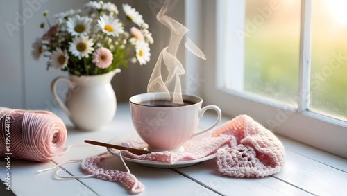Obraz na płótnie A serene morning scene featuring a delicate, rose-tinted steaming cup of hot coffee sitting atop a rustic white wooden table, positioned near a sun-kissed window with a beautifully arranged vase w salonie