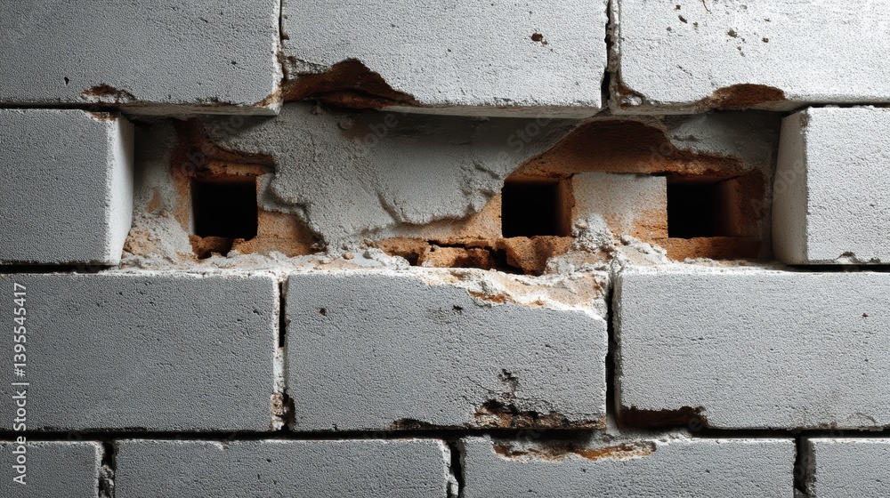 A decaying cinder block wall, with numerous cracks and holes exposing its internal structure - architectural down chipped A decaying cinder block wall, with numerous cracks and holes exposing its internal structure - architectural down chipped