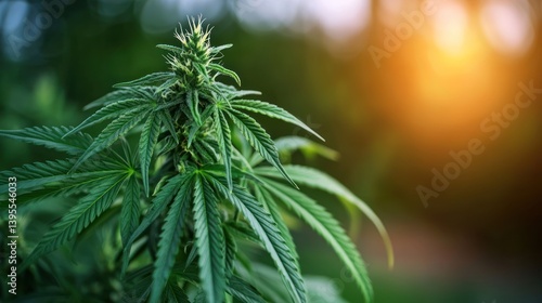Close-up of a healthy cannabis plant basking in sunlight with a blurred green background