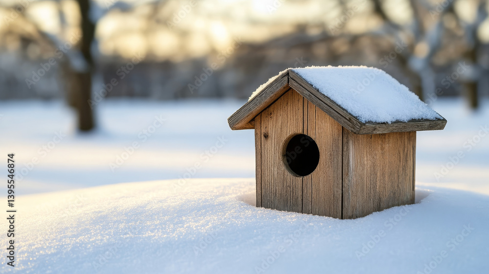 weathered birdhouse covered in snow, surrounded by serene winter landscape weathered birdhouse covered in snow, surrounded by serene winter landscape