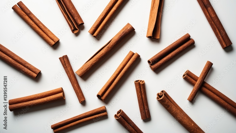 Isolated white background featuring flying cinnamon sticks. Isolated white background featuring flying cinnamon sticks.