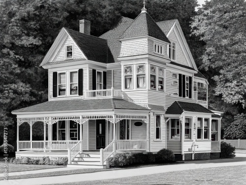 Pencil sketch of a Victorian-era home, intricate details visible - period residential classic historic