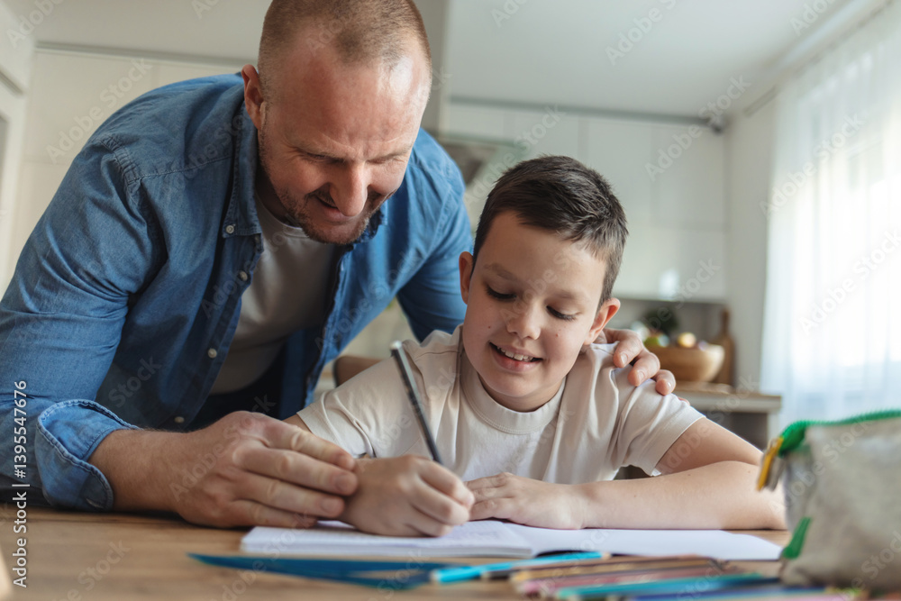 Learning, math education and father with child in home with book for studying, homework or homeschool. Development, growth and boy or kid with man teaching him how to count, numbers and writing. Learning, math education and father with child in home with book for studying, homework or homeschool. Development, growth and boy or kid with man teaching him how to count, numbers and writing.