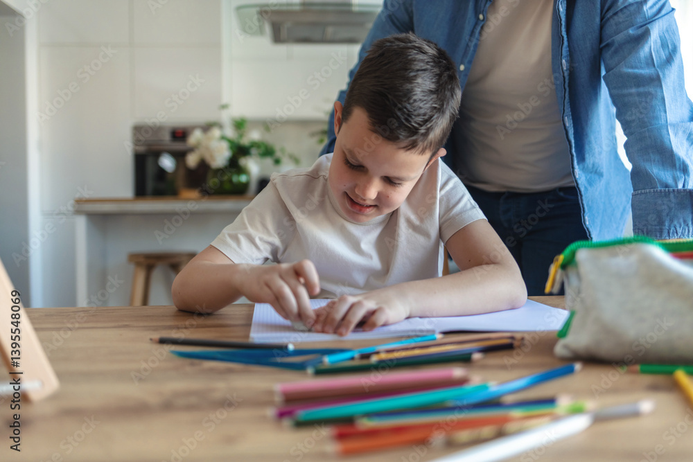 Home learning, dad or school kid studying for knowledge, education or growth development. Happy, father teaching or boy writing, working or counting numbers for math test in notebook. Home learning, dad or school kid studying for knowledge, education or growth development. Happy, father teaching or boy writing, working or counting numbers for math test in notebook.