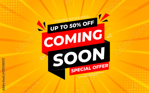 Coming Soon Sale Banner vector template. Grand Opening vector graphic element. Super shop label Promo design. Product opening festival background collection.