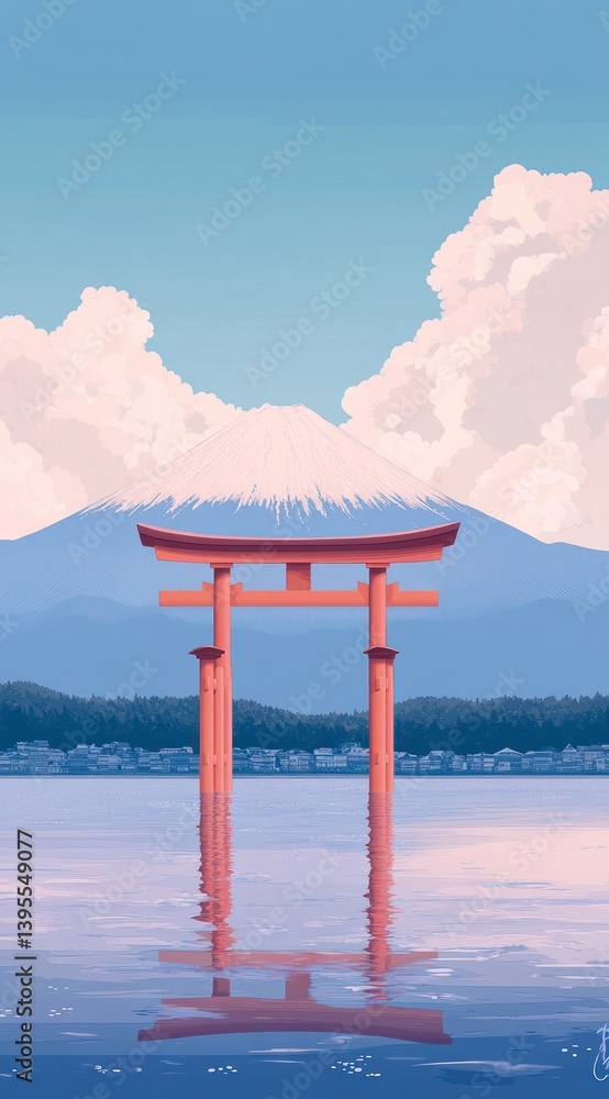 Serene Fujiyama Torii Gate Lake Reflection Sunrise Serene Fujiyama Torii Gate Lake Reflection Sunrise