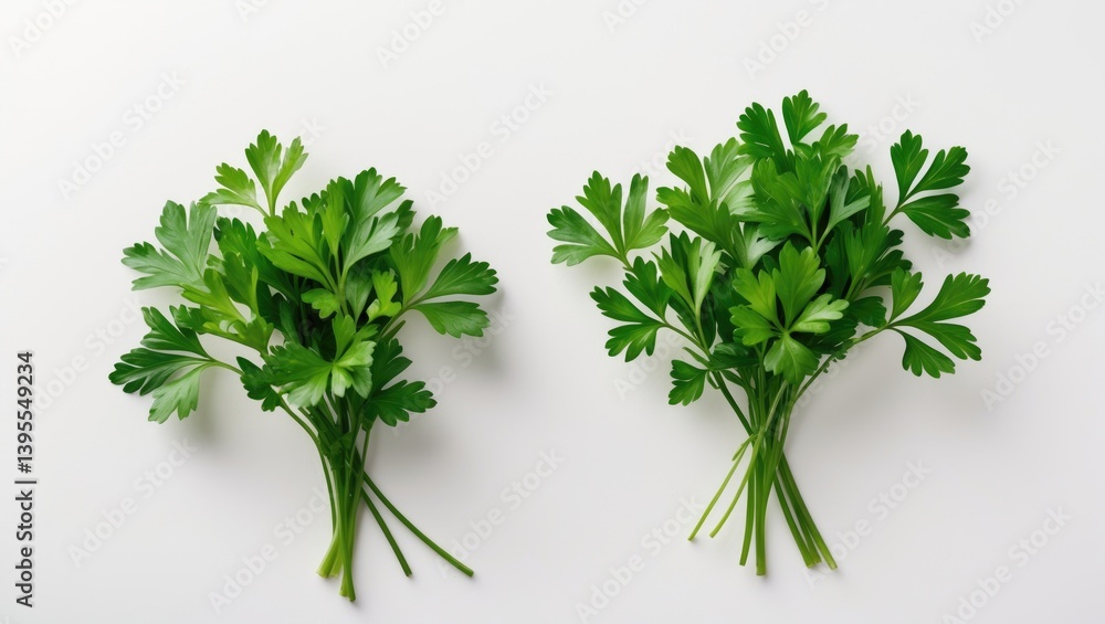 Parsley leaves set against a white backdrop. Parsley leaves set against a white backdrop.