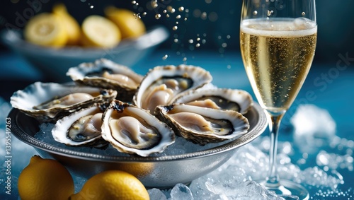 Oysters on ice with lemon. Culinary delight at the restaurant. Signature oyster dish. Dinner of oysters and champagne.