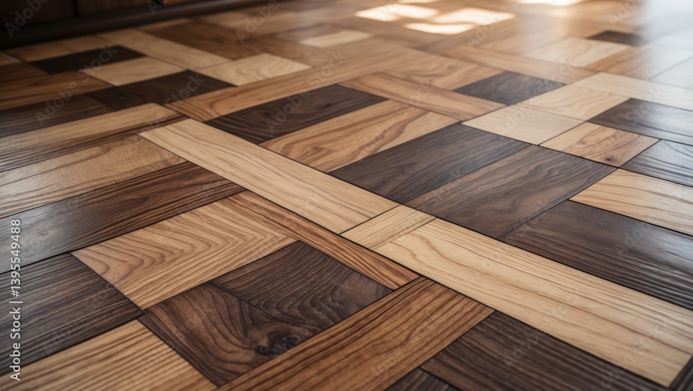 Section of indoor flooring featuring new linoleum with embossed parquet design, selective focus Section of indoor flooring featuring new linoleum with embossed parquet design, selective focus