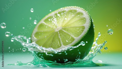 Fresh lime splashing in water against green backdrop