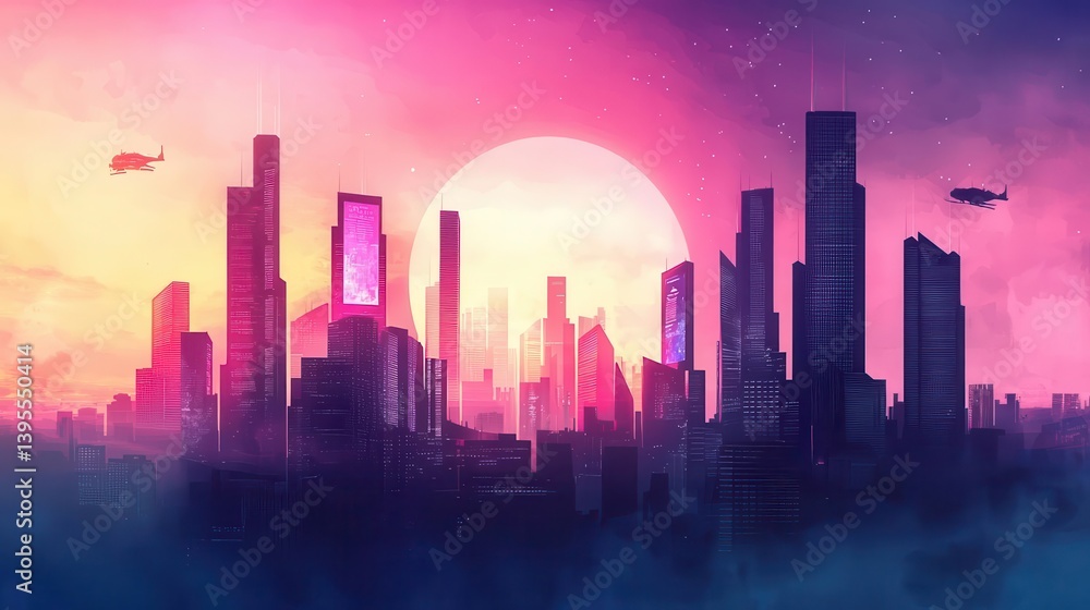 Futuristic metropolis on a distant planet, hightech skyscrapers with holographic billboards and airborne vehicles Futuristic metropolis on a distant planet, hightech skyscrapers with holographic billboards and airborne vehicles