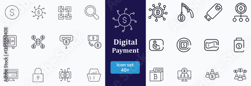 Bil and Payment line icon set. Outline bil and payment method symbols. Money transfer. Banking, credit card, cash and transaction symbol. Vector illustration