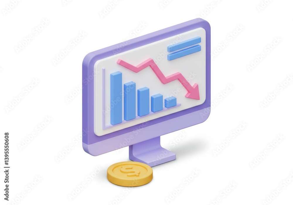 Monitor showing a downward trend with a coin isolated on white background Monitor showing a downward trend with a coin isolated on white background
