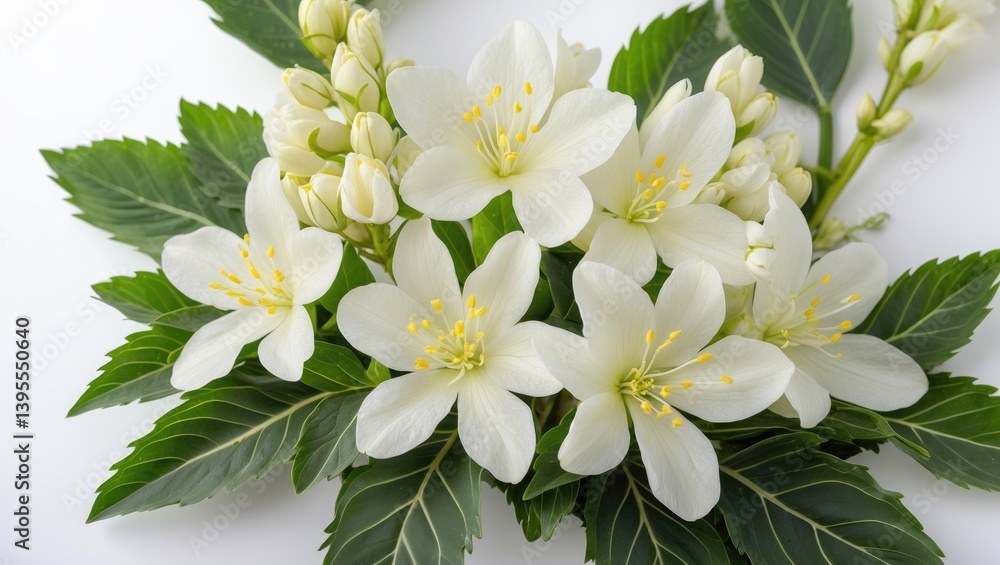 Fototapeta premium Flowers of Houttuynia displayed on a white surface