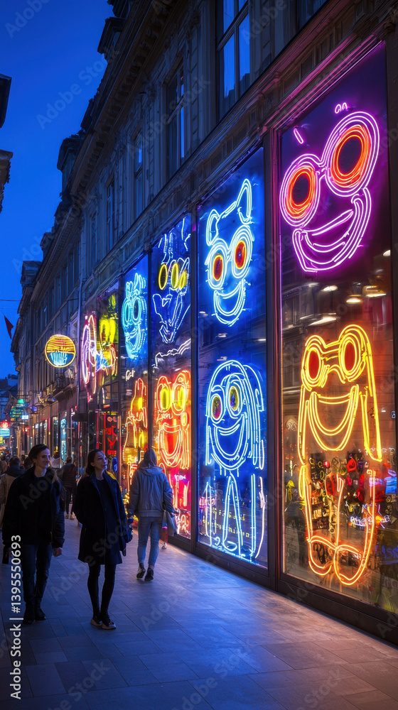 Fototapeta premium Vibrant neon light art installations illuminate a city street at night showcasing whical cartoon characters in large window displays attracting pedestrians strolling along the