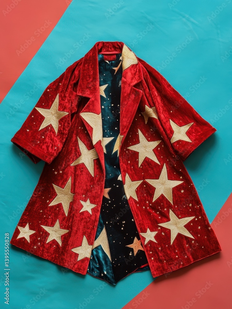 A vibrant red coat covered with embroidered golden stars A vibrant red coat covered with embroidered golden stars
