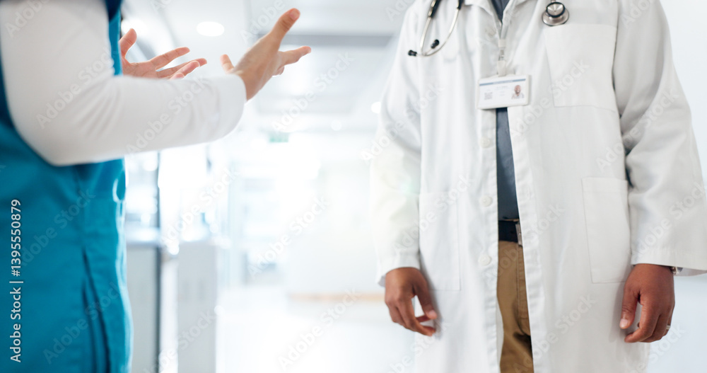 Hands, healthcare and doctors in hallway, conversation and feedback for intern. Gossip, medical service and people in hospital, performance review and closeup with discussion, diagnosis or advice Hands, healthcare and doctors in hallway, conversation and feedback for intern. Gossip, medical service and people in hospital, performance review and closeup with discussion, diagnosis or advice