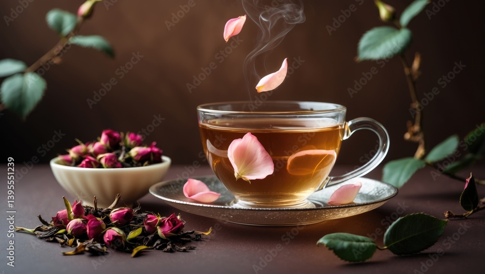 Rose petal tea served in a glass cup. Pink beverage against a dark brown backdrop. Rose petal tea served in a glass cup. Pink beverage against a dark brown backdrop.