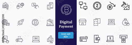 Bil and Payment line icon set. Outline bil and payment method symbols. Money transfer. Banking, credit card, cash and transaction symbol. Vector illustration