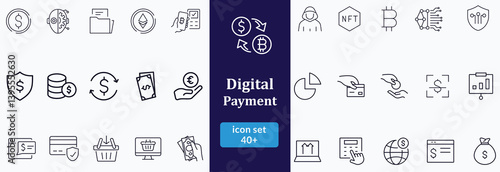 Bil and Payment line icon set. Outline bil and payment method symbols. Money transfer. Banking, credit card, cash and transaction symbol. Vector illustration