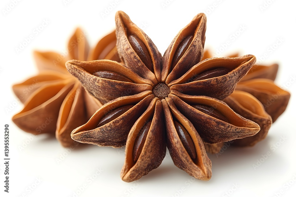 CloseUp of Dried Star Anise Spices with Visible Seeds on White Background CloseUp of Dried Star Anise Spices with Visible Seeds on White Background