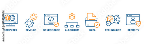 Programming banner web icon vector illustration concept with icon of computer, develop, source code, algorithm, data, technology, security 