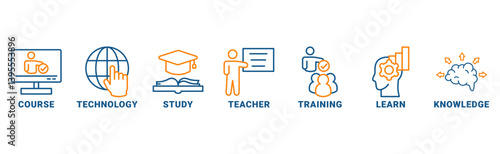 Online Education banner web icon vector illustration concept with icon of course, technology, study, teacher, training, learn, knowledge 