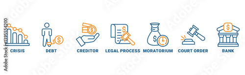 Bankruptcy banner web icon vector illustration concept with icon of crisis, debt, creditor, legal process, moratorium, court order, and bank 