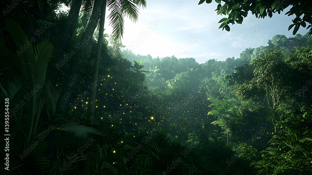 Fototapeta premium Pixelated Jungle Forest At Dawn With Glowing Insects