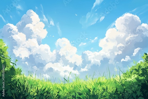 A bright fresh sunny spring, summer blue sky background with white fluffy clouds and lush green grass in the foreground