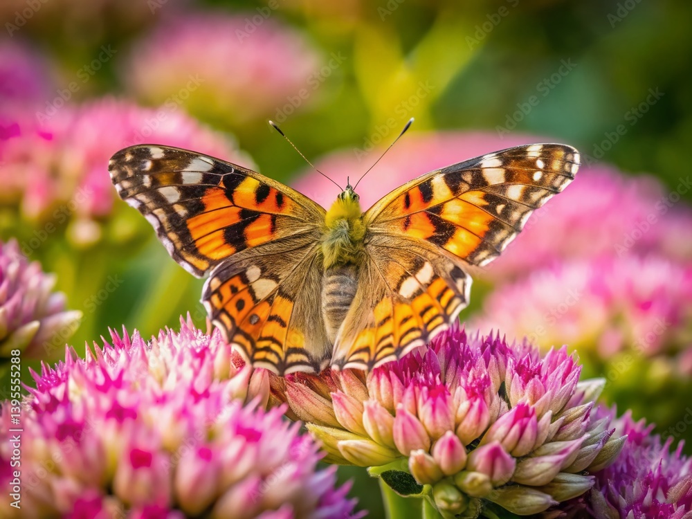 Fototapeta premium Painted Lady Butterfly on Sedum Flowers - Stunning Nature Stock Photo