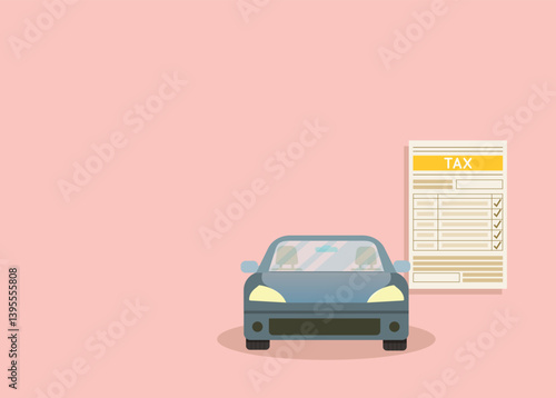 Blu car with tax bill.Tax return car export.Vector illustration