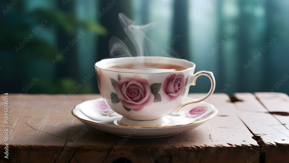 A delicate, rose-patterned teacup filled with steaming hot Earl Grey tea, emitting a subtle mist, sits on a worn, reclaimed wooden surface, adorned with subtle scratches and knots, in front of a blurr