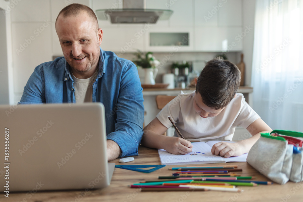 Businessman working at home with child. Child is making homework. Father and school-boy working form home. Businessman working at home with child. Child is making homework. Father and school-boy working form home.