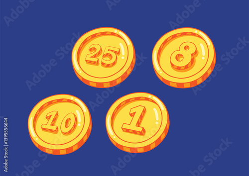 set of gold gold coin cent money number 10, 25, 1, 8