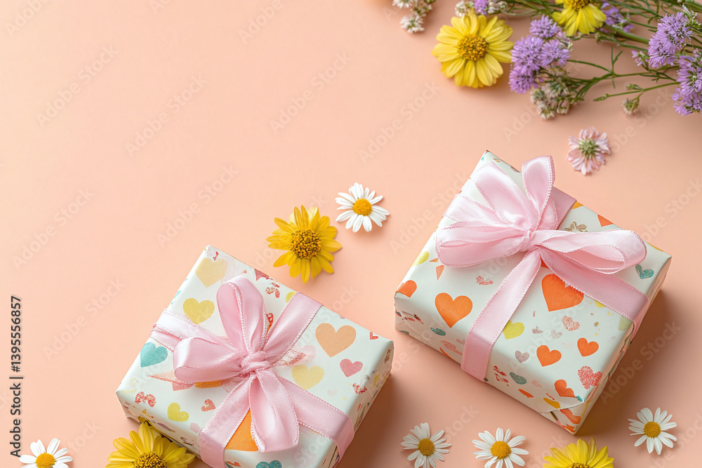 Two Heart Patterned Gift Boxes with Pink Bows and Daisies on Peach Background Two Heart Patterned Gift Boxes with Pink Bows and Daisies on Peach Background