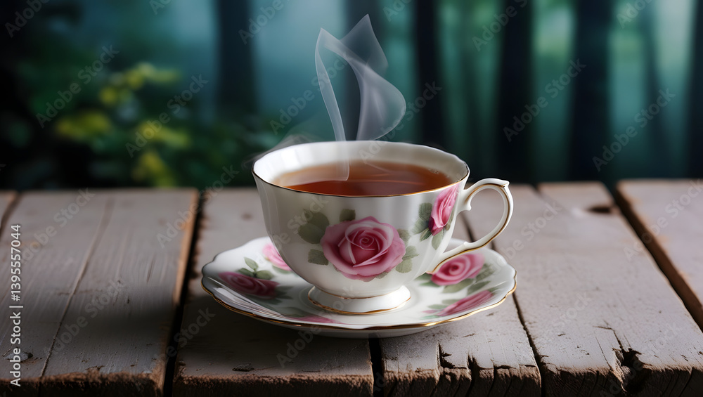 A delicate, rose-patterned teacup filled with steaming hot Earl Grey tea, emitting a subtle mist, sits on a worn, reclaimed wooden surface, adorned with subtle scratches and knots, in front of a blurr