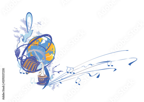 Abstract musical design with a treble clef and Planet Earth, colorful splashes, notes and waves.  Planet music. Hand drawn vector illustration.
